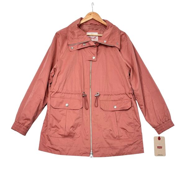 Levis Cinch Waist Anorak Rain Jacket Pink Mahogany Sz M Full Zip Long Sleeves - Picture 2 of 12